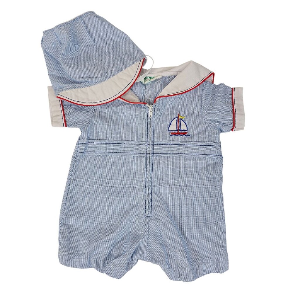 VTG Tiny Tots Original Light Blue/White Striped 3-6M Baby Romper/Jumpsuit‎ + Hat